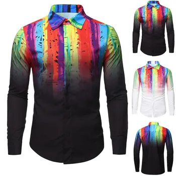 

Ugly Gradient Men Ethnic Style Slim Stripe Party Dress Shirt Blouse Tops Sleeve Loose Button Up Hip-hop Personality Casual Brand