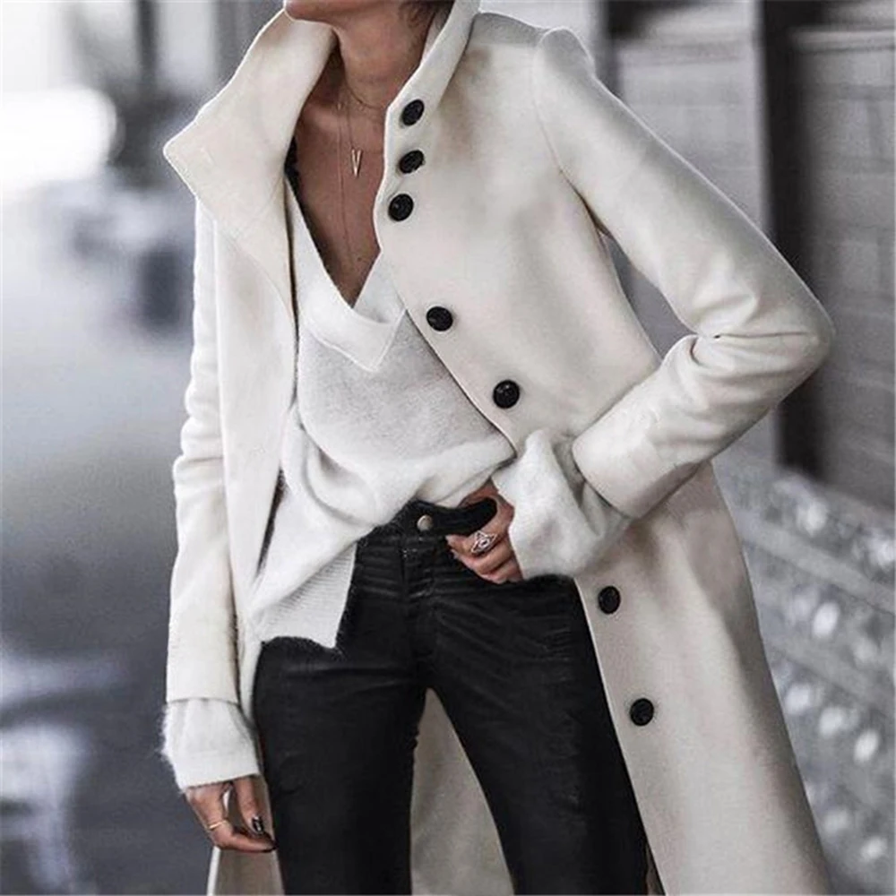 

Solid Overcoat Autumn Jacket Casual Women Long Woolen Coat Single Breasted Slim Type Female Winter Wool Coats
