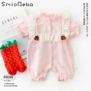 

Summer Baby Korean Cherry Short Climb Rompers Clothes Lovely Cherry Lace Collar Soft And Comfortable For Girls Rompers Kids Girl