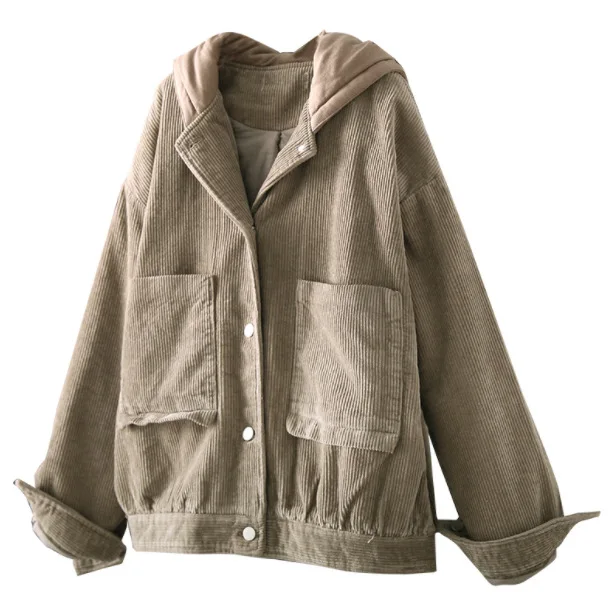 Winter jackets Women Retro Loose Thicker Corduroy Warm Coat New Hooded Button pocket Casual All-match jackets