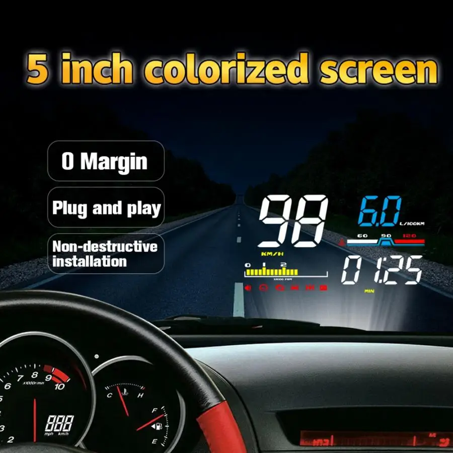 Head-up дисплей D5000 5in Универсальный Автомобильный HUD ODB2 дисплей со скоростью вращения об/мин счетчик пробега топлива