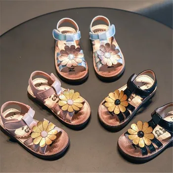 

Summer Hot Flowers Girls Beach Casual Shoes Sweet Open-toed Soft Bottom Children Sandals Loop Fasteners Design Princess Shoes