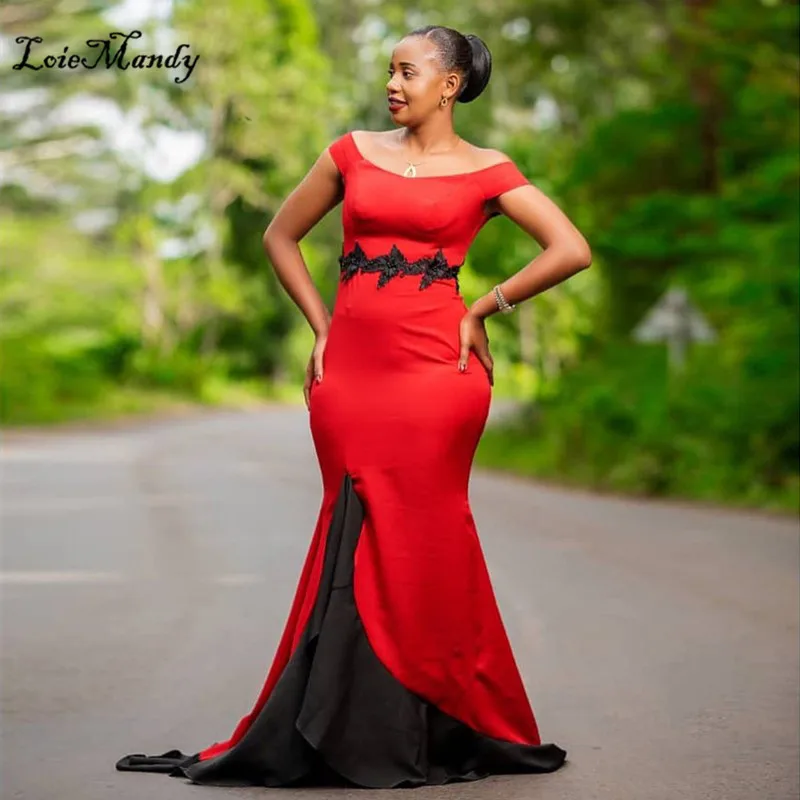 

African Bridesmaid Dresses Long 2022 Red Black Satin Mermaid Wedding Guest Woman Dress Applique Lace Vestidos de dama de honor