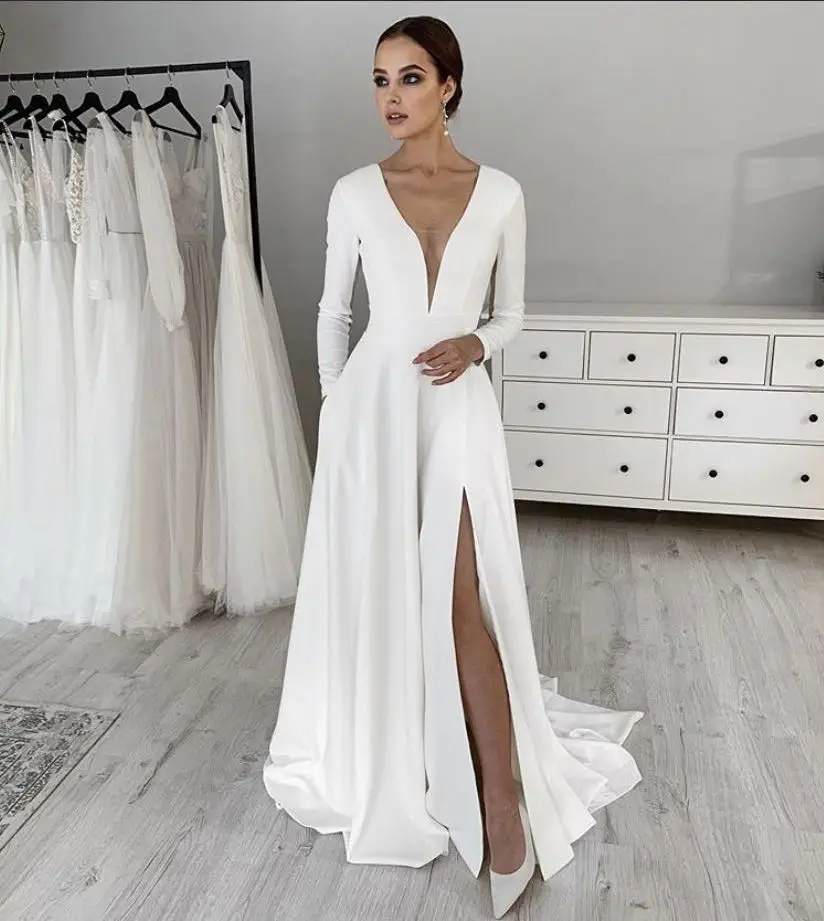 

Autumn Stretch Satin Wedding dress платье wedding party Dress long sleeves Robe De Soiree свадебные платья bride to be