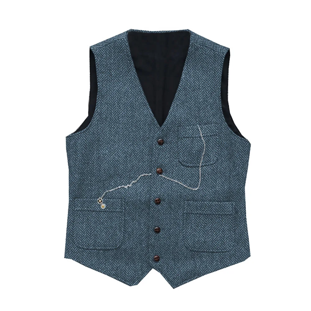 Men's Suit Formal V Neck Wool Green Herringbone Tweed Casual Waistcoat Formal Business Vest Groomman For Wedding 3