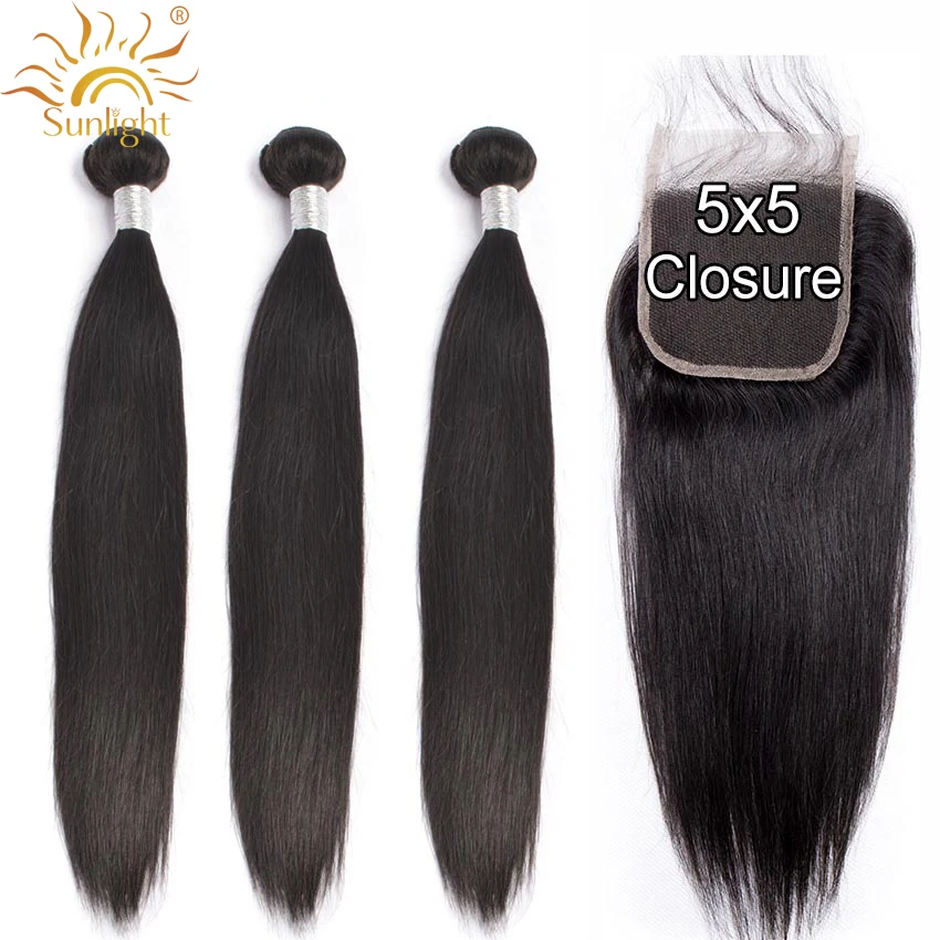 

Straight Hair Bundles with Closure Sunlight Malaysian 3 Bundles with 5x5 Closure Non Remy Human Hair Bundles with Lace Closure