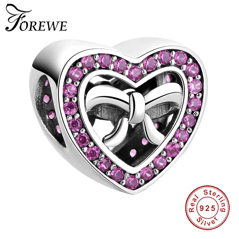 

Forewe 925 Sterling Silver Heart-Shape Pink CZ and Bow Beads Fit Original Charms Bracelet & Necklace Original Jewelry Gift