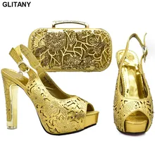 New Arrival Shoe and Bag for Nigeria Party African Wedding Shoes and Bag Set Decorated with Rhinestone Matching Shoe and Bag Set