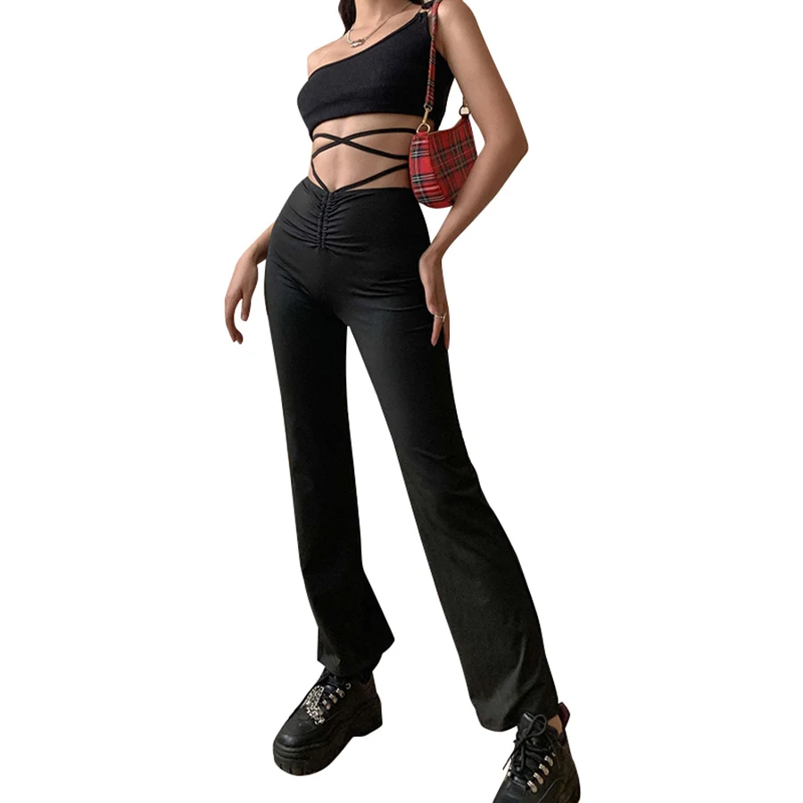Solid High Waist Hollow Bandage Straight Pants Female High Quality Activity Trousers Street Casual Women Pants 