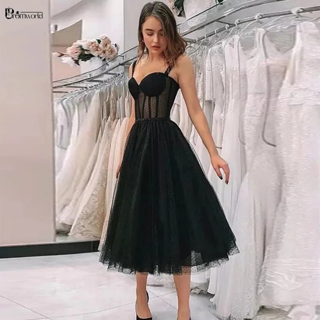 Black Tea Length Prom Dresses Sweetheart A-Line Dotted Tulle Short Homecoming Dresses Vestidos De Graduación Formal Party Gowns pretty prom dresses