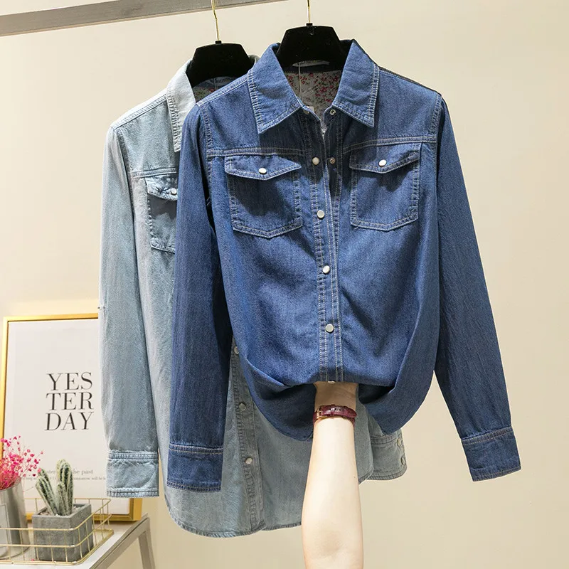 

Autumn Plus Size Denim Shirts Women's Fashion Long Sleeve Blouses Spring Bleached Casual Work Female Loose Plus Size Shirt