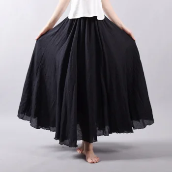 

045 Sherhure 2020 Women Linen Cotton Long Skirts Elastic Waist Pleated Maxi Skirts Beach Boho Vintage Summer Skirts Faldas Saia