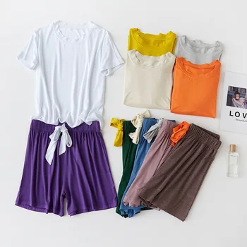 

Two Piece Pyjamas Women 100% Cotton Short Sleeves Ladies Pajamas Sets Shorts Hit Color Sleepwear Korean Simple Homewear Pijamas