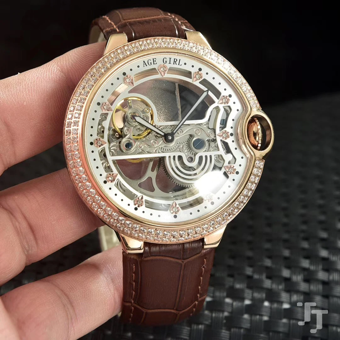 

Luxury Brand New Men Black Brown Leather Diamond Bezel Automatic Mechanical Watch Stainless Steel Skeleton Tourbillion Sapphire