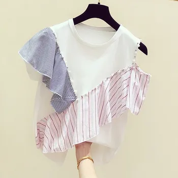 

2020 Summer New T Shirts Women Korean Style Wild Cotton Fashion Ladies T Shirts Striped Ruffled Beaded Off-shoulder Tops Female