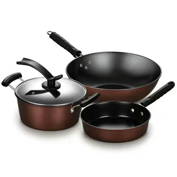 

Wine Red 3 Pieces Pots and Pan Sets Cookware Set with One Glass Cover Frying Pan Wok Soup Pot Kitchen Tools Set Cooking Pots Set
