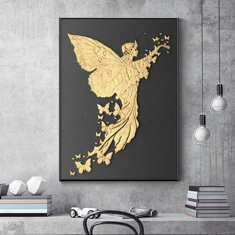 

Poster Wall Art Canvas Painting Prints Golden Butterfly Angel Modular Pictures Nordic Style For Bedroom Home Decoration Unframed