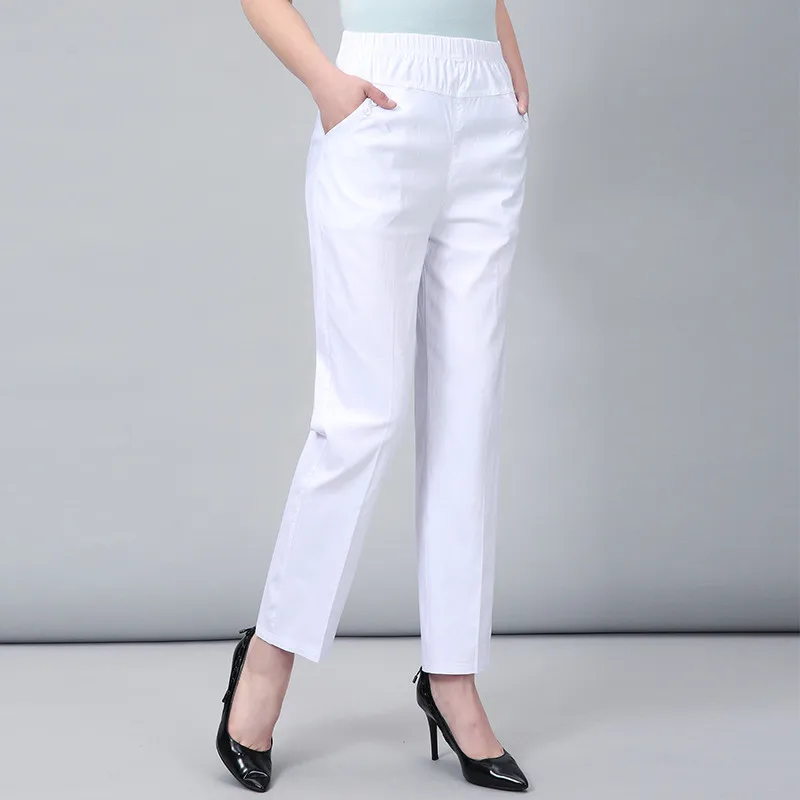 Pantalones rectos de cintura elástica para mujer de mediana edad y mediana edad, pantalón blanco de primavera, Delgado, largo hasta el tobillo, de talla grande 5XL, W2102
