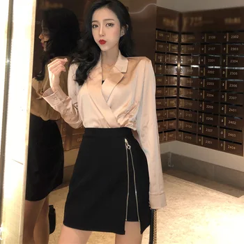 

Women Summer High Waistline Wild Skirt Irregular Zipper Solid Color Strap Wild A-Line Casual Skirt