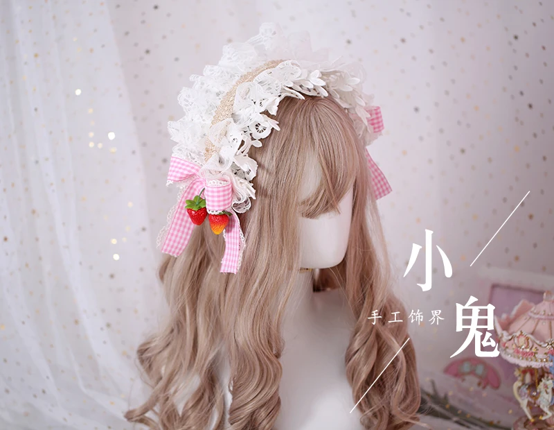 Kawaii сладкий клубника мягкие кружевные волосы "Лолита" обруч японская сестра KC соломенная шляпа край оголовье косплей аксессуары для волос ручной работы