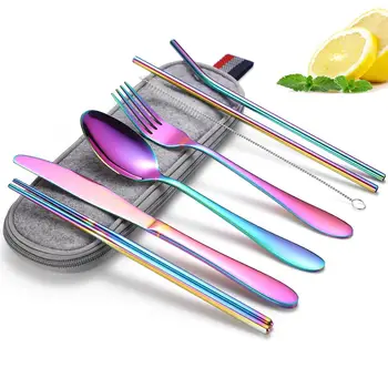 

Colorful golden Tableware 8Pcs/set Stainless Steel Cutlery Straw Dinnerware Set Spoon Fork Chopsticks with Straw Portable Case