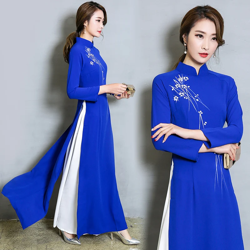 

Vietnam Ao Dai Patchwork Tight Dress for Woman Chinese Traditional Costumes Qipao Cheongsams Flower Female Oriental Outfits