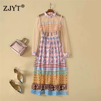 

2020 Spring Summer Runway Dress Women Fashion New Long Sleeve Transparent Tulle Geometric Embroidery Midi Sexy Party Dresses