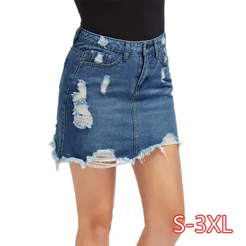 

Women Blue Ripped Casual Mini Denim Skirt Summer New Bodycon Women Skirt Basic Pocket Jeans Skirt Mid Waist Skirt 2020