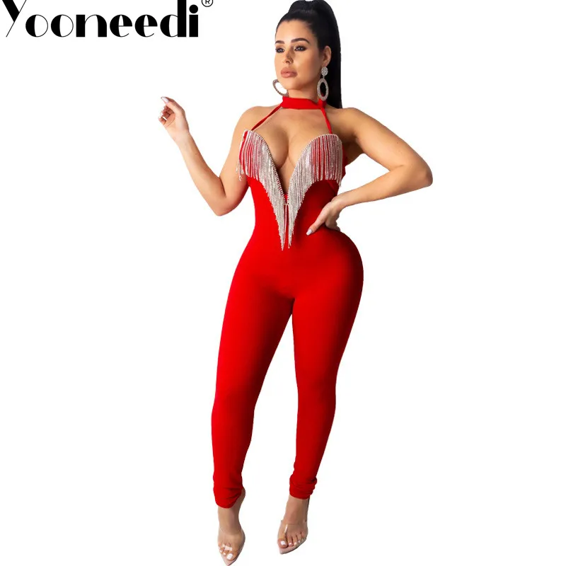 Yooneedi, осенний дизайн, сексуальные женские комбинезоны, 3 цвета, одноцветные, с кристаллами, с кисточками, с круглым вырезом, без бретелек, женские комбинезоны CY8235 - Цвет: Красный