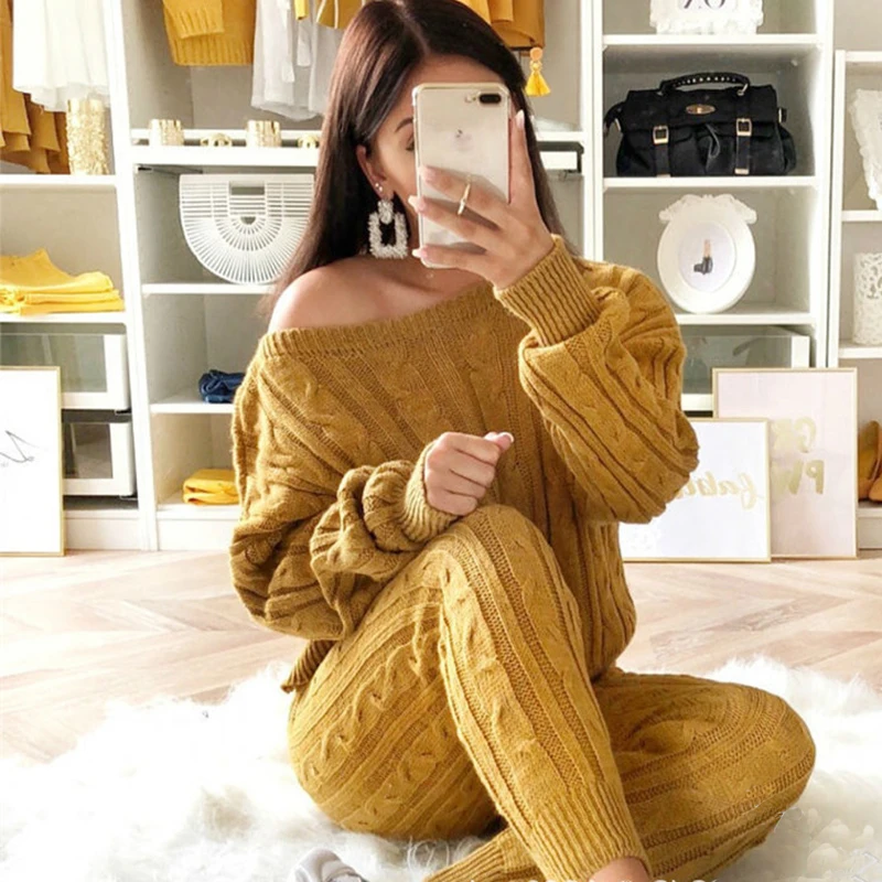 

Fashion Women 2 Piece Set Sweater Top+Pants Knitted Suits Solid O-Neck Knit Set Autumn Winter Outwear Tracksuits