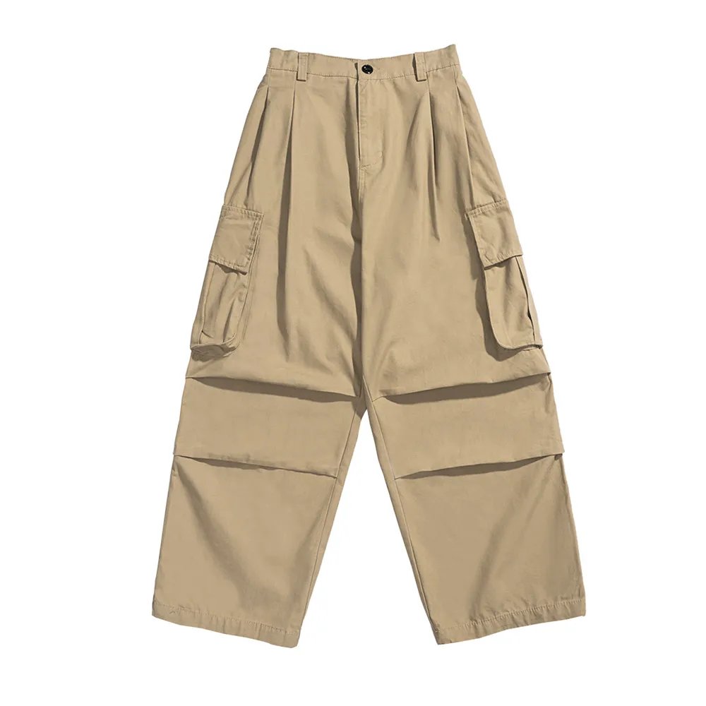 Multi-Pocket Cargo Pants Mens Safari Style Solid Color Pleated Loose Straight-leg Pants Elastic Waist Casual Trousers Men