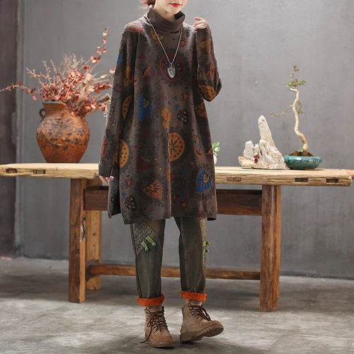 Dark BrownS-2768 Вязаный свитер с высоким воротом, свободные большие футболки с длинными рукавами, женские топы средней длины с ретро принтом, свободные свитера Z3 - Цвет: Dark BrownS-2768