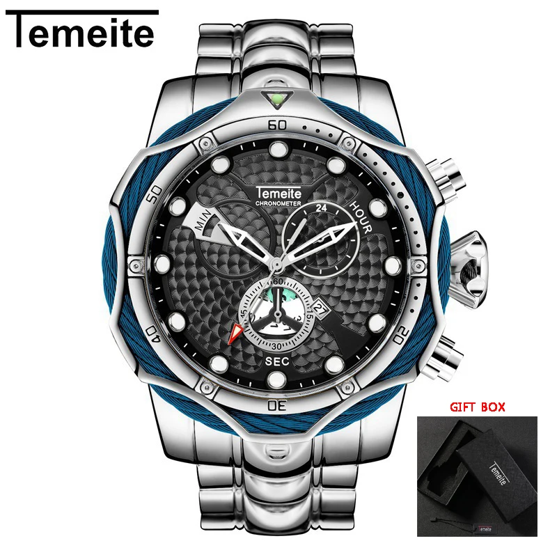 silver black Temeite Топ бренд Роскошные Дизайнерские мужские часы золотые часы для мужчин кварцевые часы водонепроницаемые наручные часы Relogio Dourado Masculino - Цвет: silver black