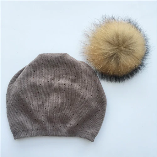 Brown natural fur Женские шапки бини на весну и осень, европейские облегающие шапки бини, кашемировые колпачки, новинка, модные шерстяные вязаные шапки для женщин - Цвет: Brown natural fur