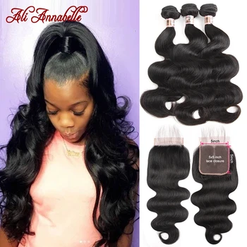 

Ali Annabelle Hair 5x5 Lace Closure Human Hair Bundles With Closure Peruvian Body Wave 3 Bundles With Closure Remy Human Hair