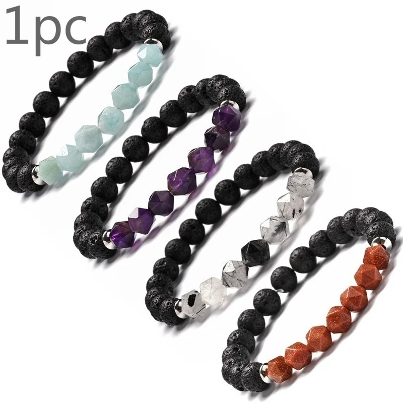 

Classic Bead Wristband Star Cut Stone Bracelet Howlite Malachite Black Rutilated Quartz Carnelian Grade Faceted Beads Bangle