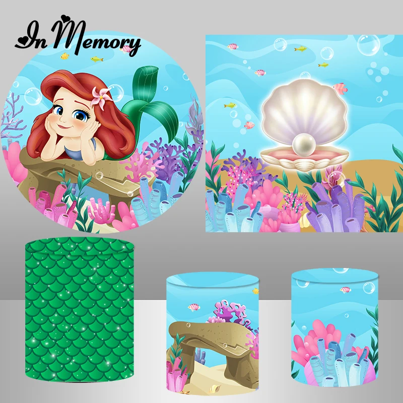 InMemory Cartoon Little Mermaid Round Backdrop Cover Girls Baby Shower Birthday Background Under The Sea Plinth Covers Elastic |