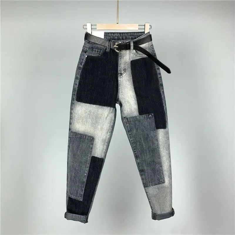 

2020 FALL Women's Jeans Stitching Contrasting Elastic High-Waist Jeans Female Korean Loose Capri Pants Patchwork Panelled Jeans