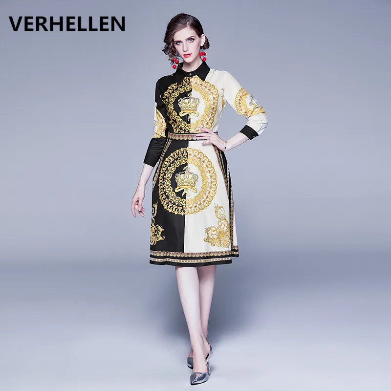

VERHELLEN High Quality Fashion Runway Dress 2019 Autumn Women Long Sleeve Baroque Print Retro Elegant Shirt Casual A Line Dress