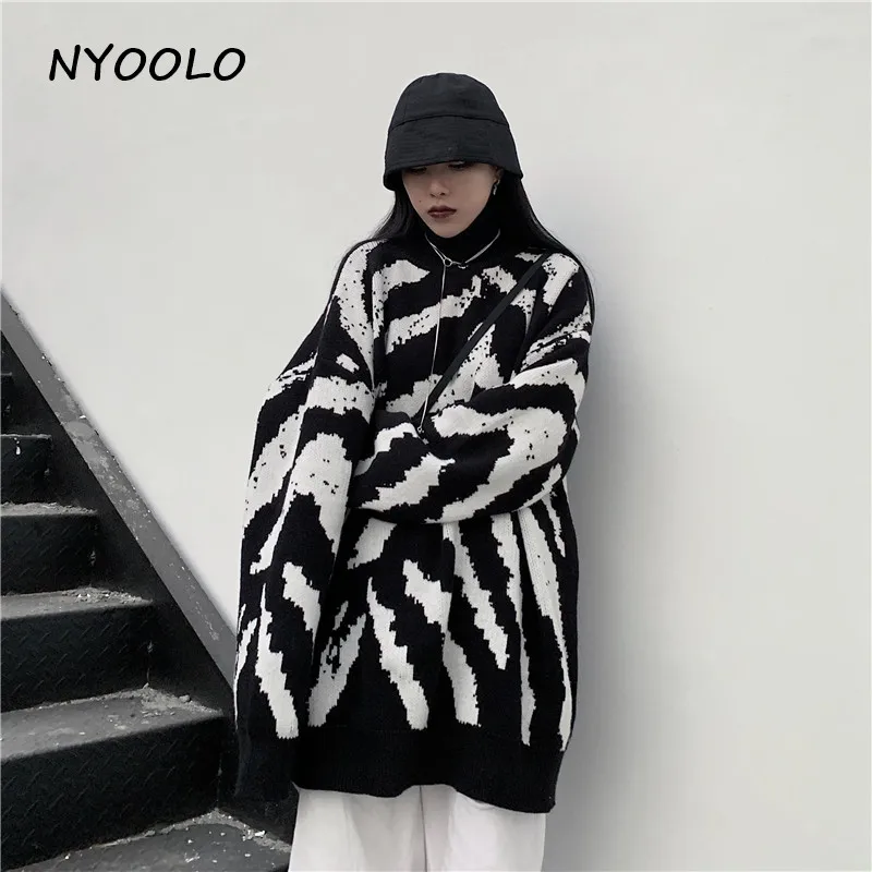 NYOOLO, Harajuku, уличная одежда, Зебра, вязаный свитер, Осень-зима, свободный, длинный рукав, водолазка, пуловер, свитер для женщин, мужчин, трикотаж