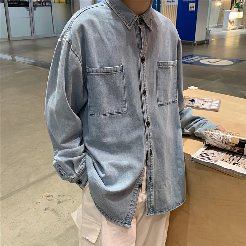Denim Shirt Men's Retro Hong Kong Style Long-sleeved Spring and Autumn Clothing 2020 New Inch Loose Jacket Top | Мужская одежда