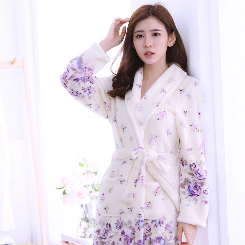Women Pink Long Robe Bath Gown Nightwear Housecoat For Female Bedgown