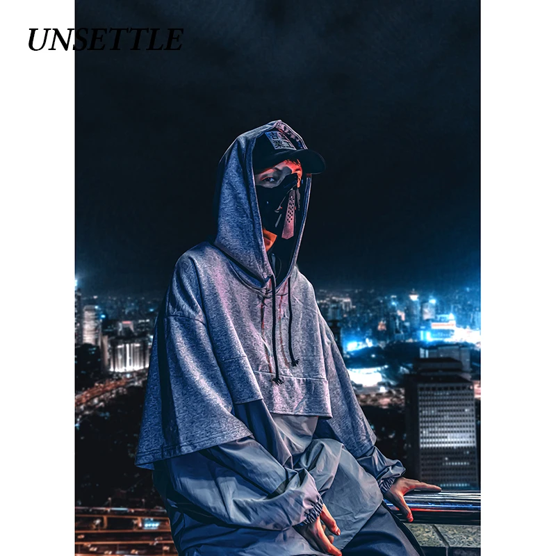 

UNSETTLE 2020SS Men/Women Harajuku Japanese Hooded Fake two Hoodie Casual WindbreakerCoats Hip Hop Streetwear Hoodie Male tops
