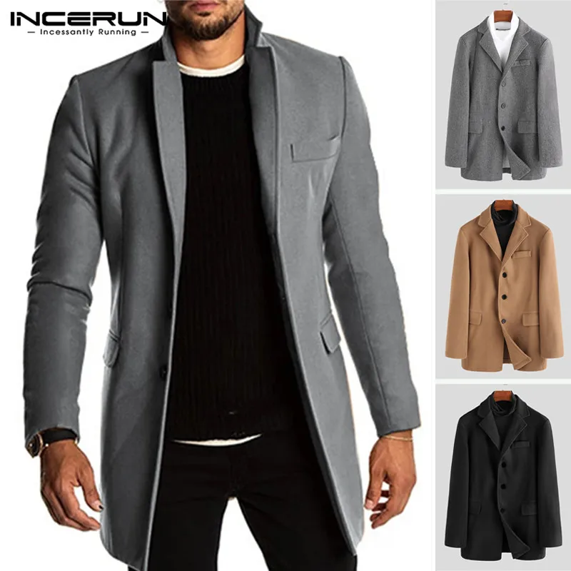 INCERUN мужской Тренч из искусственного флиса, куртки на пуговицах с длинным рукавом, зимняя повседневная однотонная деловая верхняя одежда, Мужское пальто уличная
