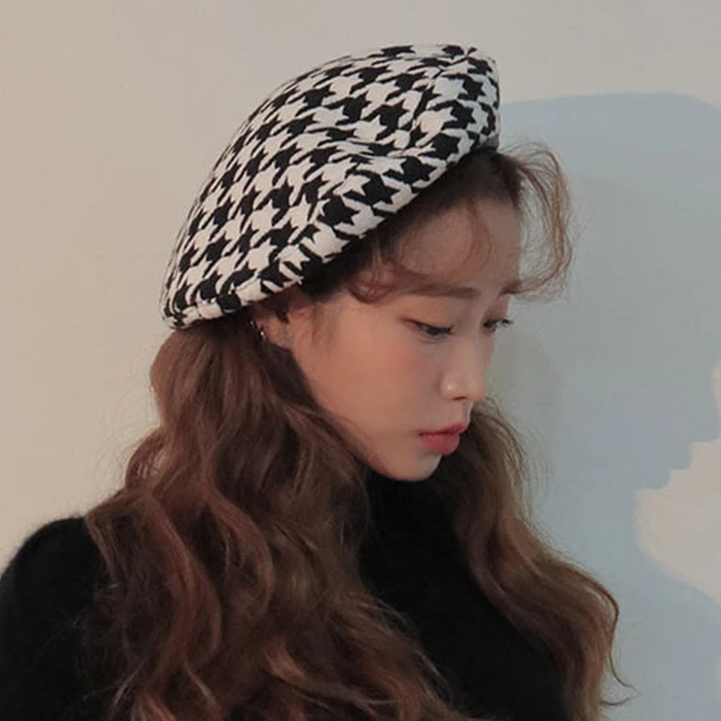 Южная Корея черно-белый гусиный берет женский осенний и зимний Ретро литературный дикий живописец шляпа - Цвет: 1