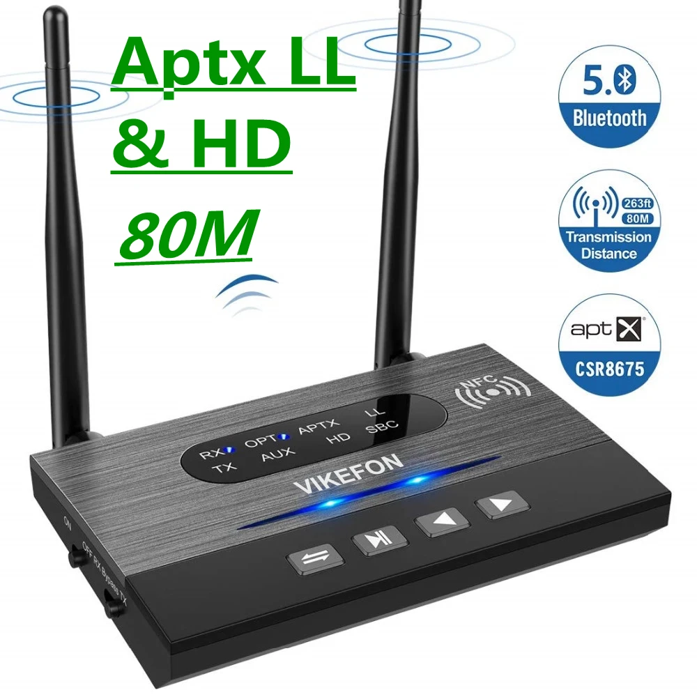 80m nfc aptx ll hd bluetooth 5.0 receptor transmissor de áudio spdif 3.5mm aux rca adaptador sem fio para carro tv pc par 2 fones de ouvido
