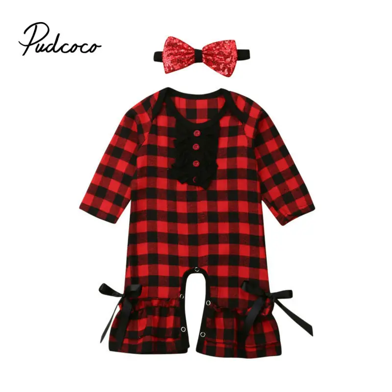 

Chirtstmas Party Newborn Infant Baby Kids Girl Plaid Romper Sequins Headband Jumpsuit Autumn Outfits Set Sunsuit Clothes 2PCS
