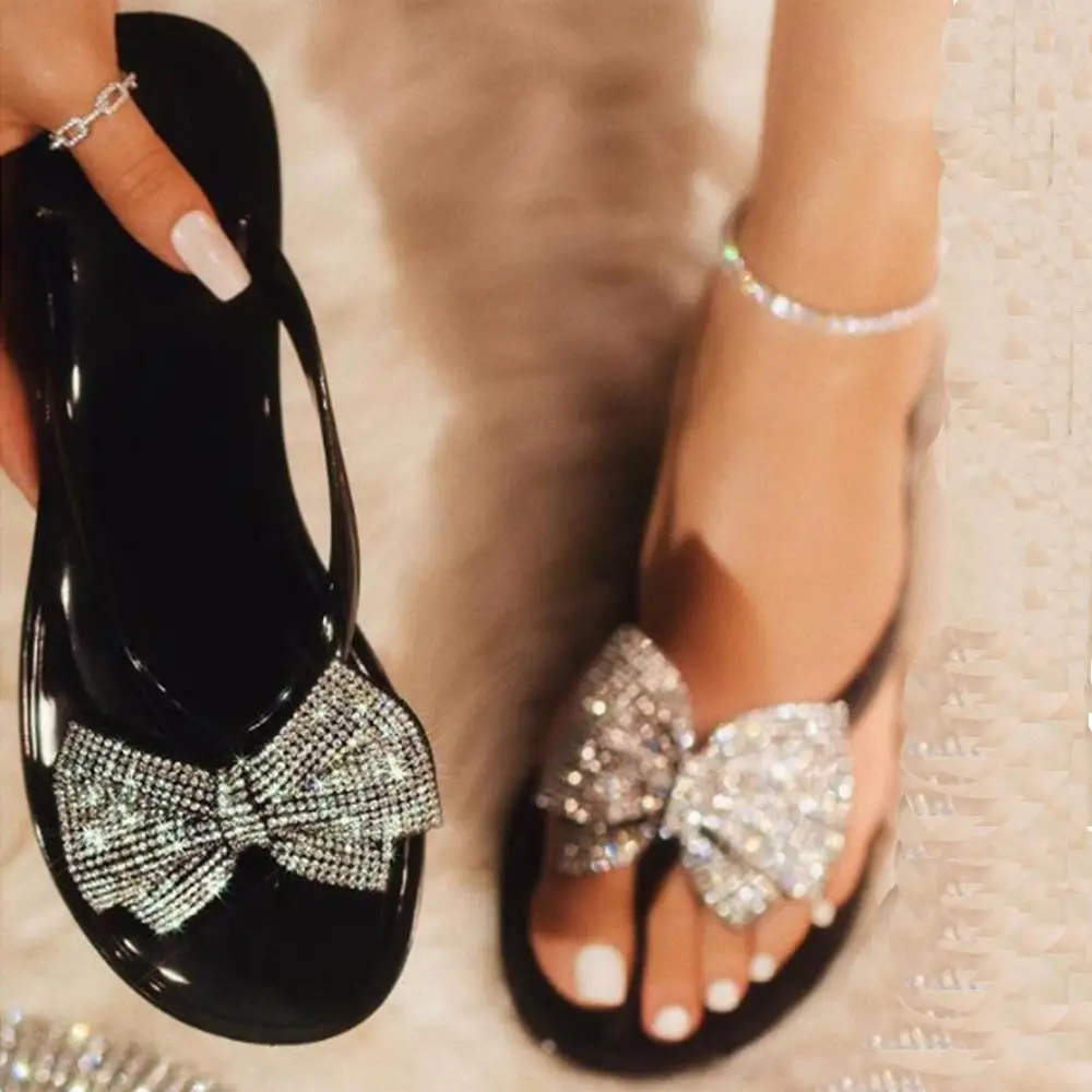 Женские сандалии с бантиком-бабочкой; прозрачные шлепанцы с узором «елочка»; Вьетнамки; блестящие сандалии; пляжная обувь на плоской подошве; прозрачная обувь для дождливой погоды