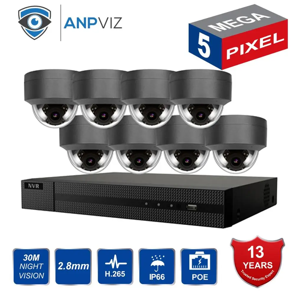 Anpviz 8CH H.265+ NVR 5MP наружная безопасность POE IP купольная камера CCTV система комплект аудио запись ip-камера видеонаблюдения NVR комплект - Цвет: 8 Gray Domes