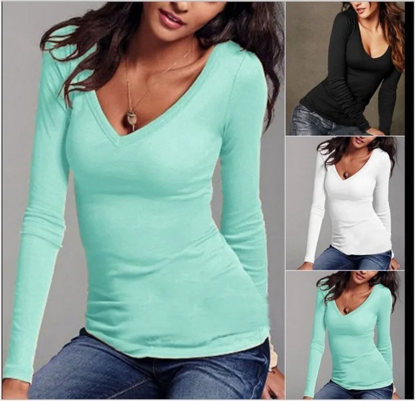 

Sexy Women Long Sleeve T-shirt V-neck Slim Fit Warm Autumn Spring Basic T-shirts Tops 2019 New Brand Casual Tops Fashion SA-82